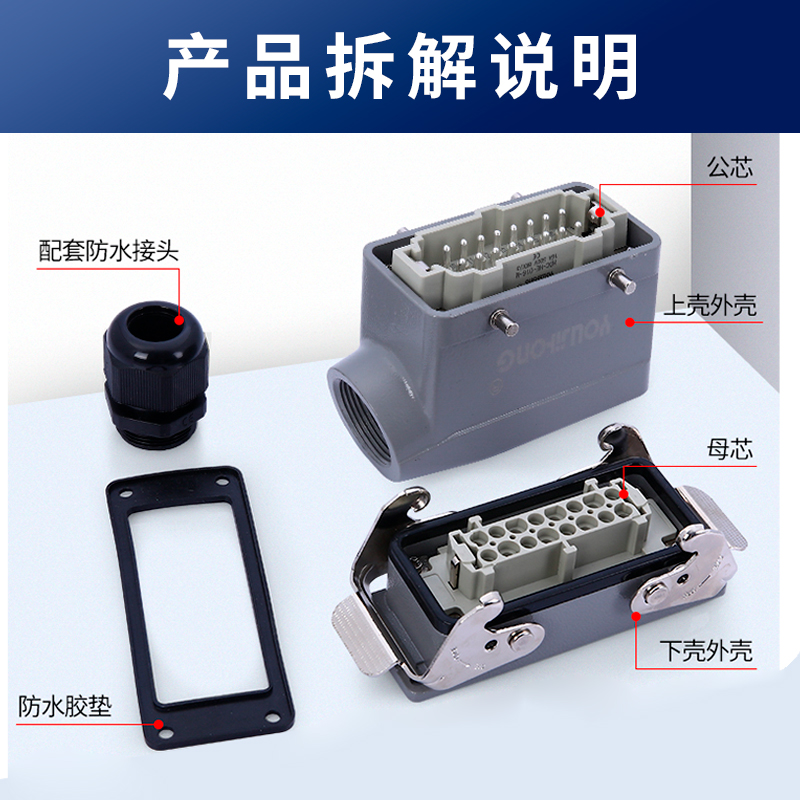 带防尘盖矩形重载连接器航空插头插座公母对插4-128芯 HDC-HE 16A