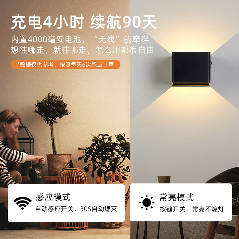 超麦现代免接线led感应壁灯 暖光磁吸免打孔吸顶灯 黑色