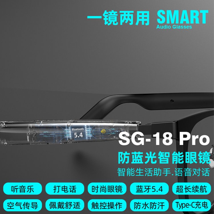智能眼镜SG 18 PRO 防蓝光智能蓝牙音频眼镜 单机净重30g 沁林科技